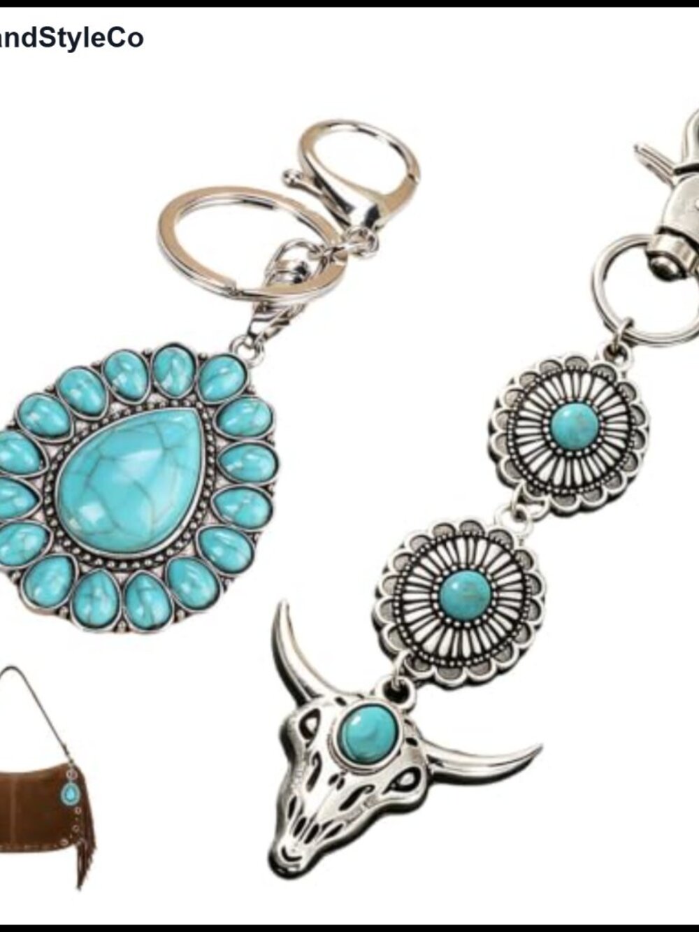 Western Bag Charms Turquoise Keychain Set Bull Skull Pendant Purse Jewelry
